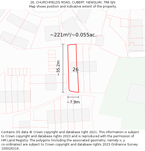 26, CHURCHFIELDS ROAD, CUBERT, NEWQUAY, TR8 5JN: Plot and title map