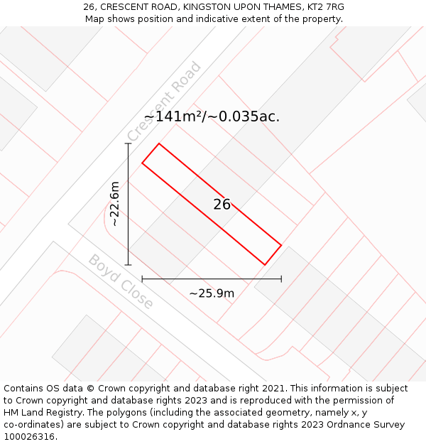 26, CRESCENT ROAD, KINGSTON UPON THAMES, KT2 7RG: Plot and title map