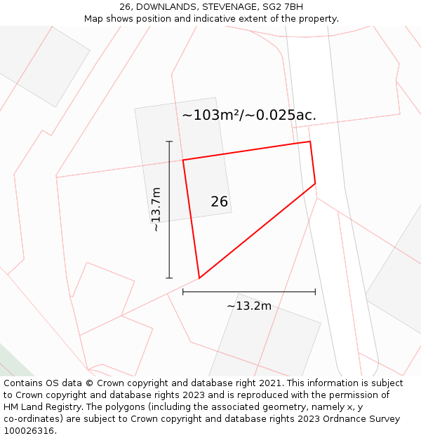 26, DOWNLANDS, STEVENAGE, SG2 7BH: Plot and title map
