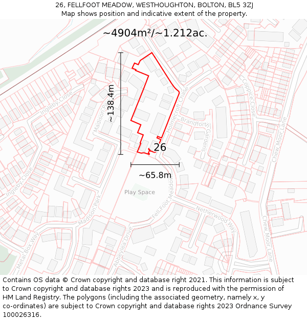 26, FELLFOOT MEADOW, WESTHOUGHTON, BOLTON, BL5 3ZJ: Plot and title map