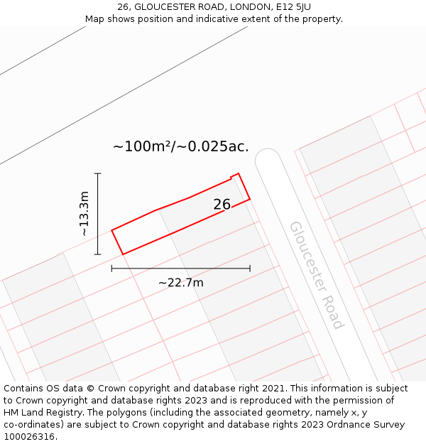 26, GLOUCESTER ROAD, LONDON, E12 5JU: Plot and title map