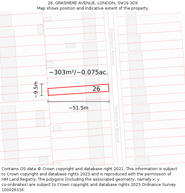 26, GRASMERE AVENUE, LONDON, SW19 3DX: Plot and title map