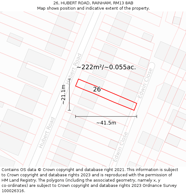 26, HUBERT ROAD, RAINHAM, RM13 8AB: Plot and title map