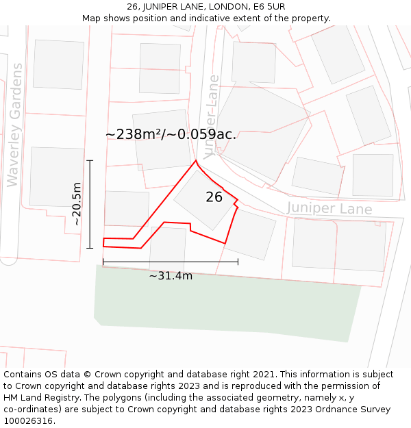 26, JUNIPER LANE, LONDON, E6 5UR: Plot and title map