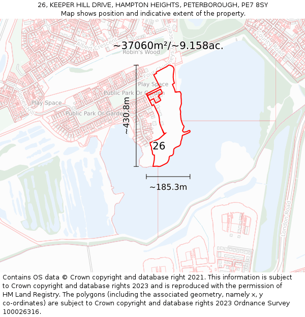 26, KEEPER HILL DRIVE, HAMPTON HEIGHTS, PETERBOROUGH, PE7 8SY: Plot and title map