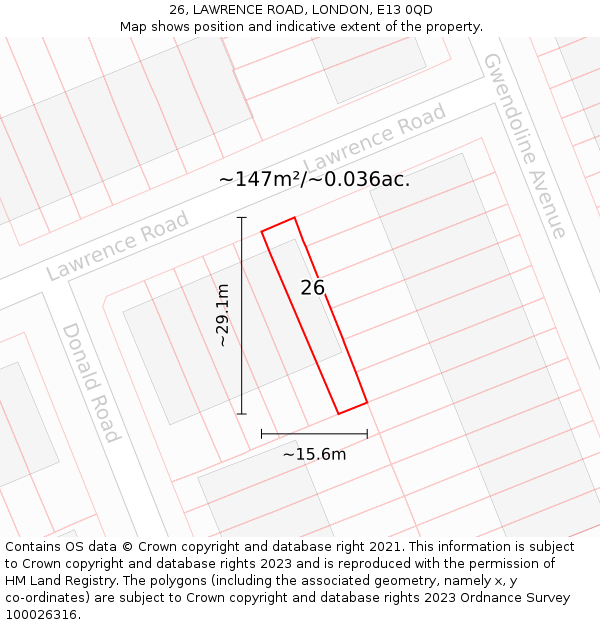 26, LAWRENCE ROAD, LONDON, E13 0QD: Plot and title map