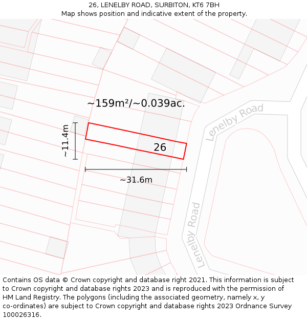 26, LENELBY ROAD, SURBITON, KT6 7BH: Plot and title map