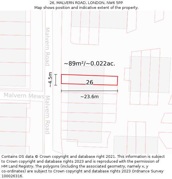 26, MALVERN ROAD, LONDON, NW6 5PP: Plot and title map