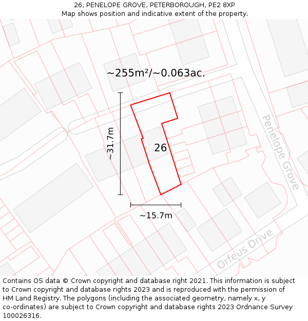 26, PENELOPE GROVE, PETERBOROUGH, PE2 8XP: Plot and title map