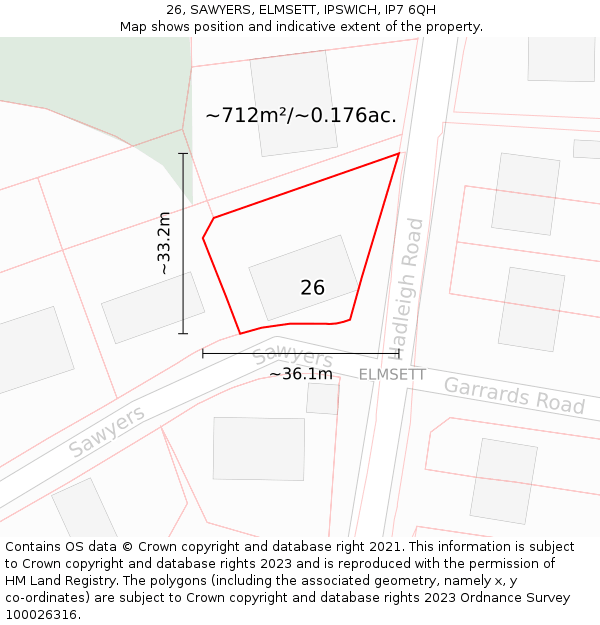 26, SAWYERS, ELMSETT, IPSWICH, IP7 6QH: Plot and title map