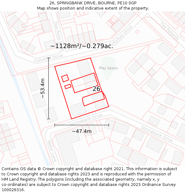 26, SPRINGBANK DRIVE, BOURNE, PE10 0GP: Plot and title map
