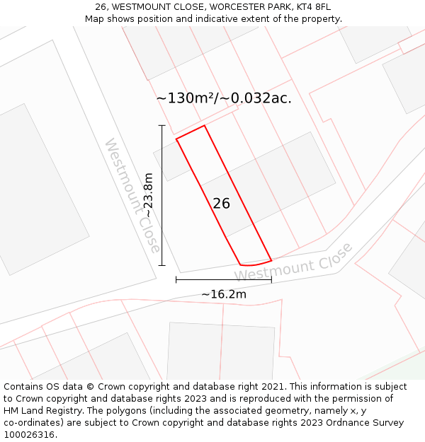 26, WESTMOUNT CLOSE, WORCESTER PARK, KT4 8FL: Plot and title map