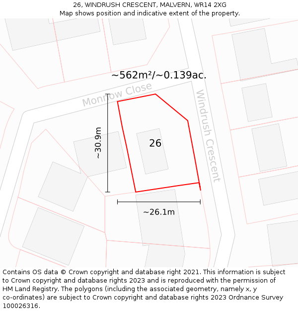 26, WINDRUSH CRESCENT, MALVERN, WR14 2XG: Plot and title map