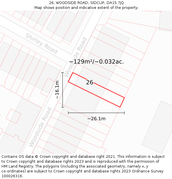26, WOODSIDE ROAD, SIDCUP, DA15 7JQ: Plot and title map