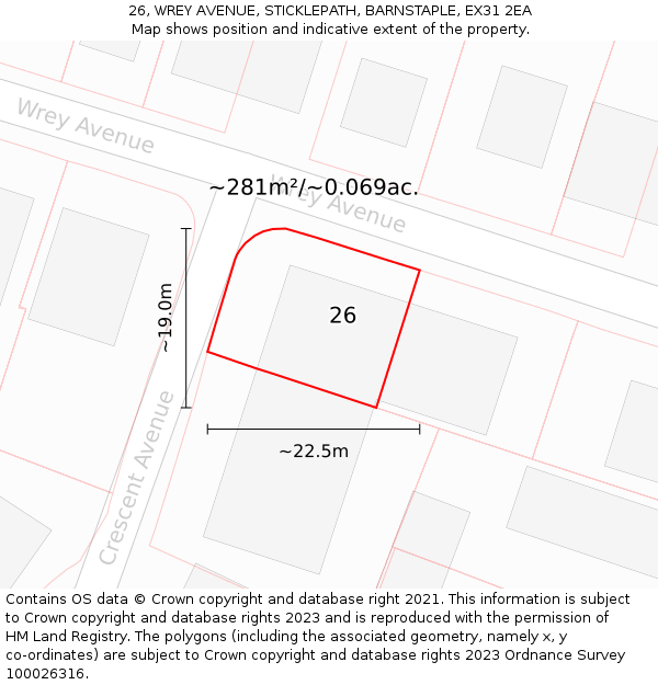 26, WREY AVENUE, STICKLEPATH, BARNSTAPLE, EX31 2EA: Plot and title map