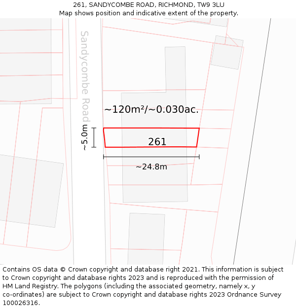 261, SANDYCOMBE ROAD, RICHMOND, TW9 3LU: Plot and title map