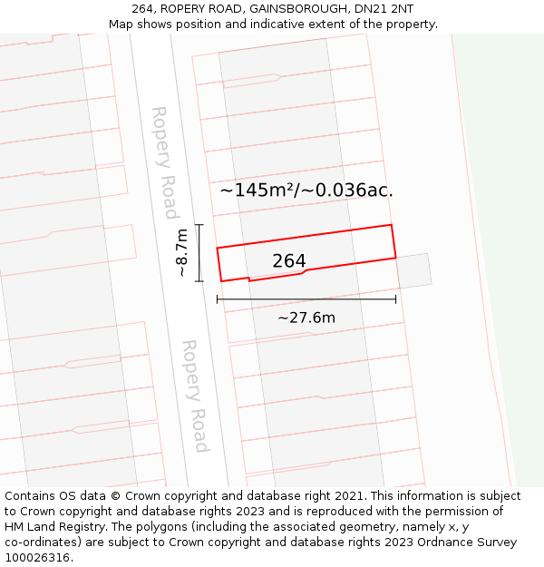 264, ROPERY ROAD, GAINSBOROUGH, DN21 2NT: Plot and title map