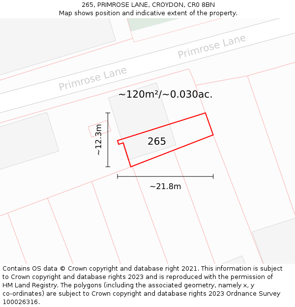 265, PRIMROSE LANE, CROYDON, CR0 8BN: Plot and title map