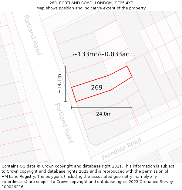 269, PORTLAND ROAD, LONDON, SE25 4XB: Plot and title map