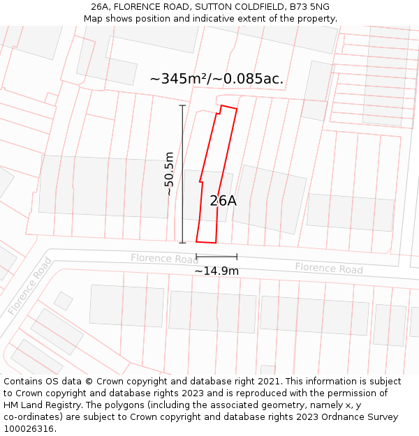 26A, FLORENCE ROAD, SUTTON COLDFIELD, B73 5NG: Plot and title map