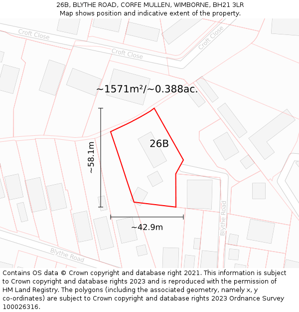 26B, BLYTHE ROAD, CORFE MULLEN, WIMBORNE, BH21 3LR: Plot and title map
