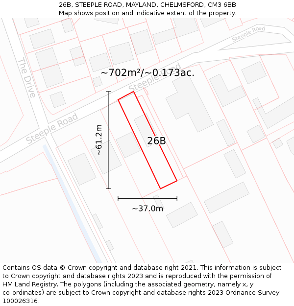 26B, STEEPLE ROAD, MAYLAND, CHELMSFORD, CM3 6BB: Plot and title map