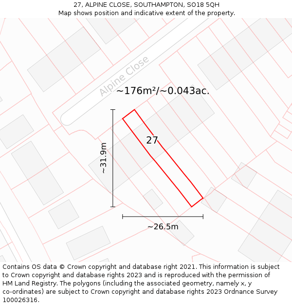 27, ALPINE CLOSE, SOUTHAMPTON, SO18 5QH: Plot and title map