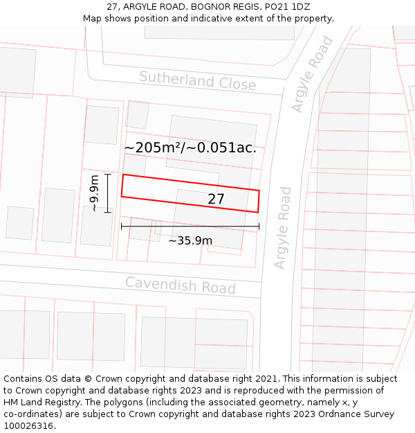 27, ARGYLE ROAD, BOGNOR REGIS, PO21 1DZ: Plot and title map