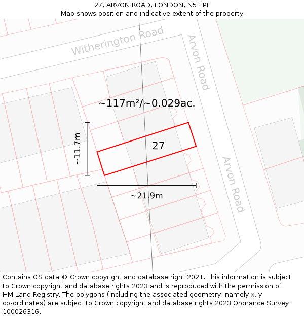 27, ARVON ROAD, LONDON, N5 1PL: Plot and title map