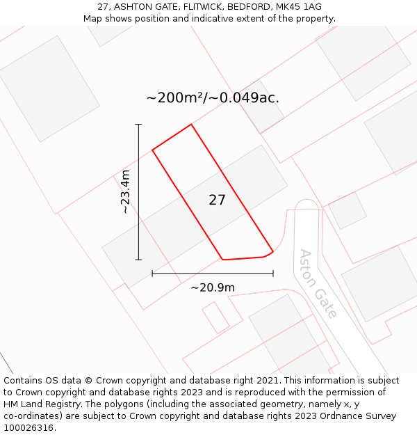 27, ASHTON GATE, FLITWICK, BEDFORD, MK45 1AG: Plot and title map