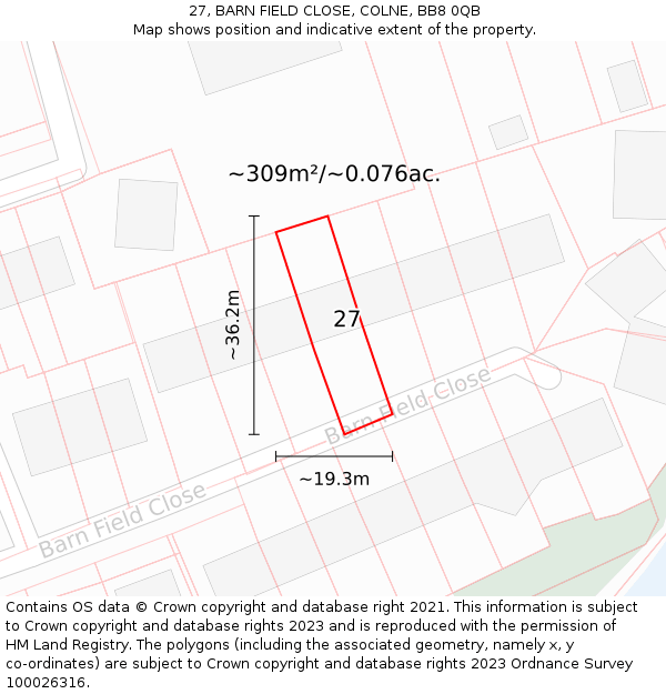 27, BARN FIELD CLOSE, COLNE, BB8 0QB: Plot and title map