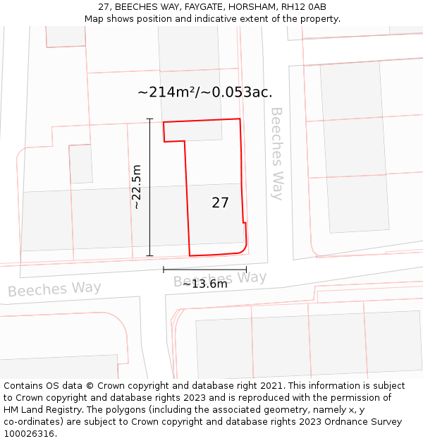 27, BEECHES WAY, FAYGATE, HORSHAM, RH12 0AB: Plot and title map