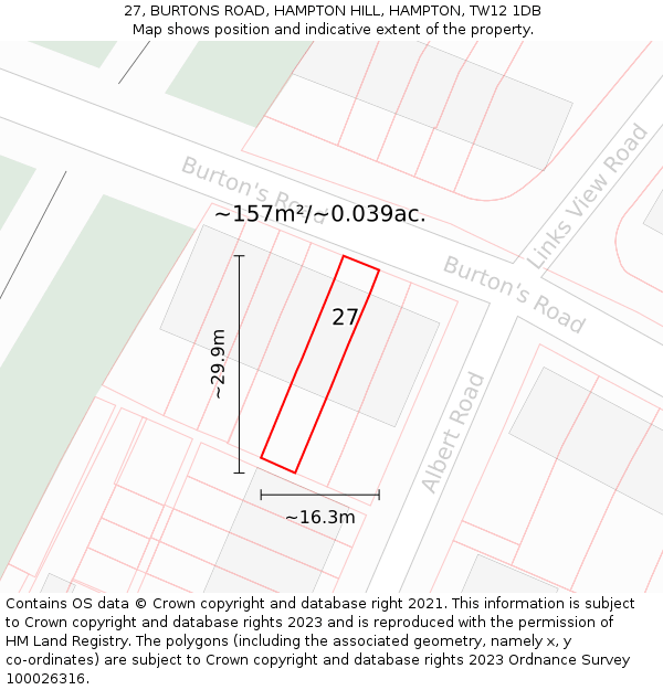 27, BURTONS ROAD, HAMPTON HILL, HAMPTON, TW12 1DB: Plot and title map