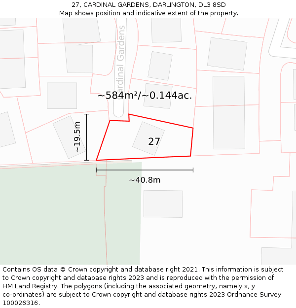 27, CARDINAL GARDENS, DARLINGTON, DL3 8SD: Plot and title map