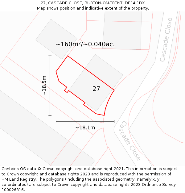 27, CASCADE CLOSE, BURTON-ON-TRENT, DE14 1DX: Plot and title map