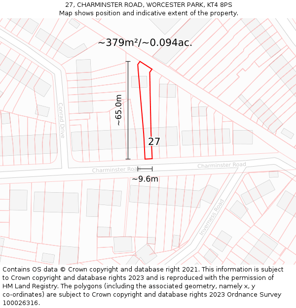 27, CHARMINSTER ROAD, WORCESTER PARK, KT4 8PS: Plot and title map