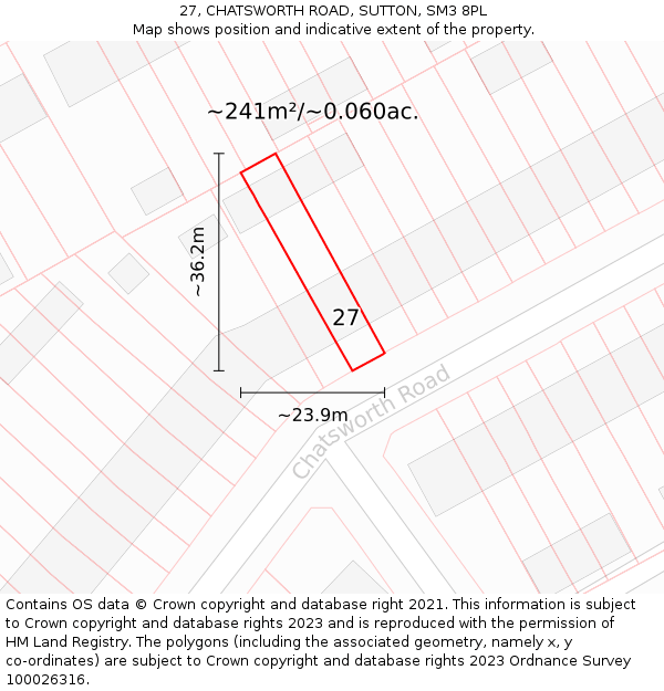 27, CHATSWORTH ROAD, SUTTON, SM3 8PL: Plot and title map