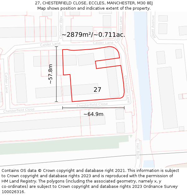 27, CHESTERFIELD CLOSE, ECCLES, MANCHESTER, M30 8EJ: Plot and title map