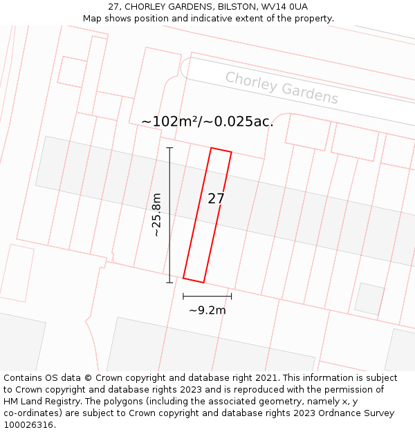 27, CHORLEY GARDENS, BILSTON, WV14 0UA: Plot and title map
