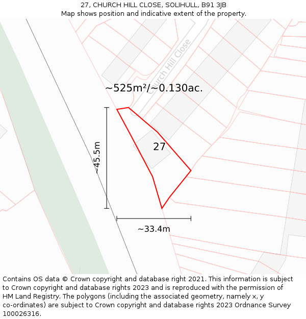 27, CHURCH HILL CLOSE, SOLIHULL, B91 3JB: Plot and title map