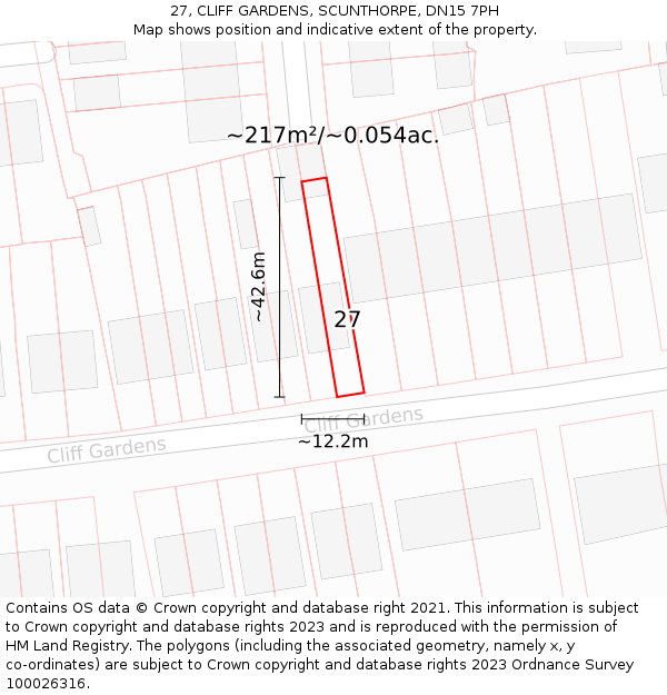 27, CLIFF GARDENS, SCUNTHORPE, DN15 7PH: Plot and title map