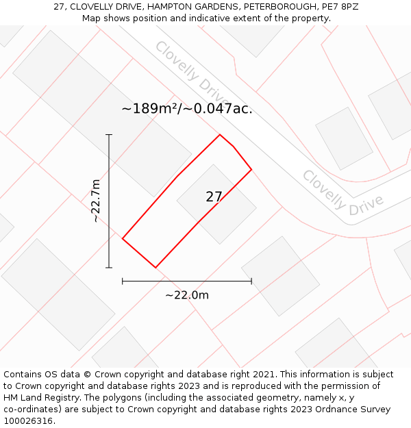 27, CLOVELLY DRIVE, HAMPTON GARDENS, PETERBOROUGH, PE7 8PZ: Plot and title map