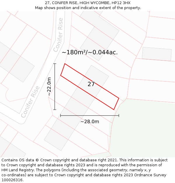 27, CONIFER RISE, HIGH WYCOMBE, HP12 3HX: Plot and title map