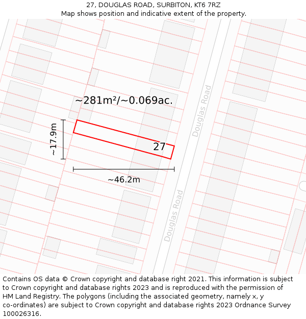27, DOUGLAS ROAD, SURBITON, KT6 7RZ: Plot and title map