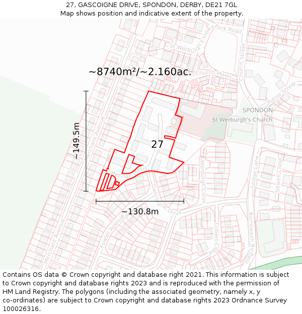 27, GASCOIGNE DRIVE, SPONDON, DERBY, DE21 7GL: Plot and title map