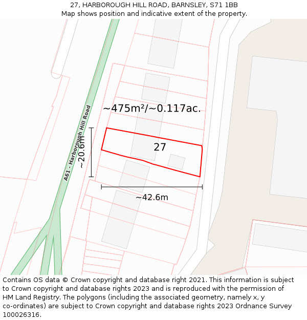 27, HARBOROUGH HILL ROAD, BARNSLEY, S71 1BB: Plot and title map