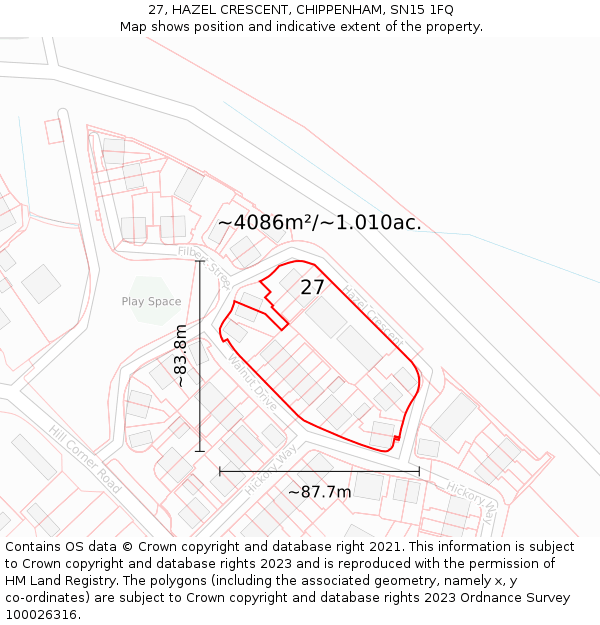 27, HAZEL CRESCENT, CHIPPENHAM, SN15 1FQ: Plot and title map