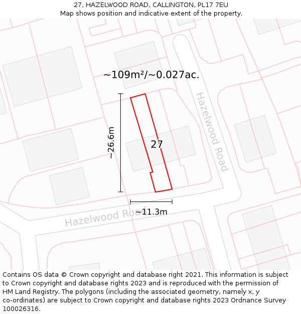 27, HAZELWOOD ROAD, CALLINGTON, PL17 7EU: Plot and title map