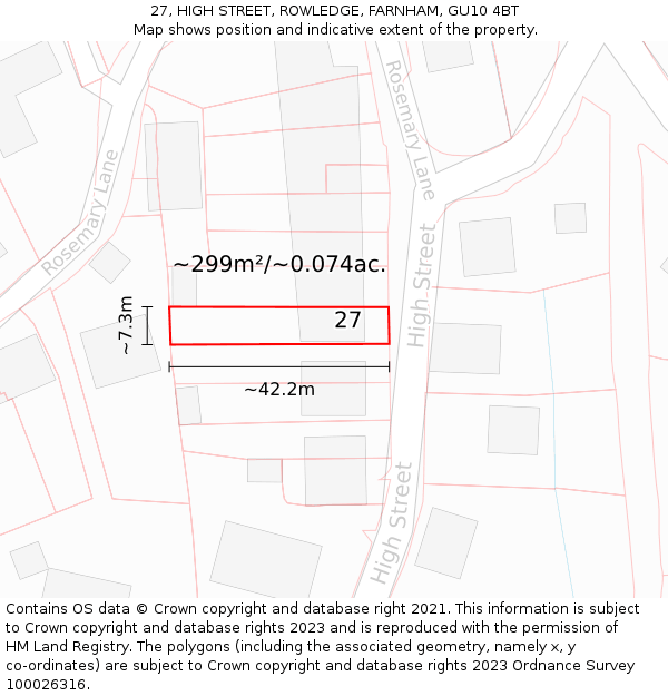 27, HIGH STREET, ROWLEDGE, FARNHAM, GU10 4BT: Plot and title map