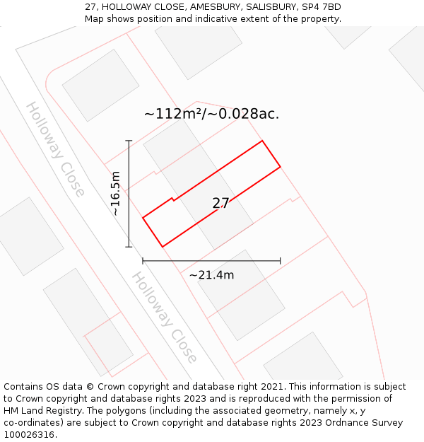 27, HOLLOWAY CLOSE, AMESBURY, SALISBURY, SP4 7BD: Plot and title map